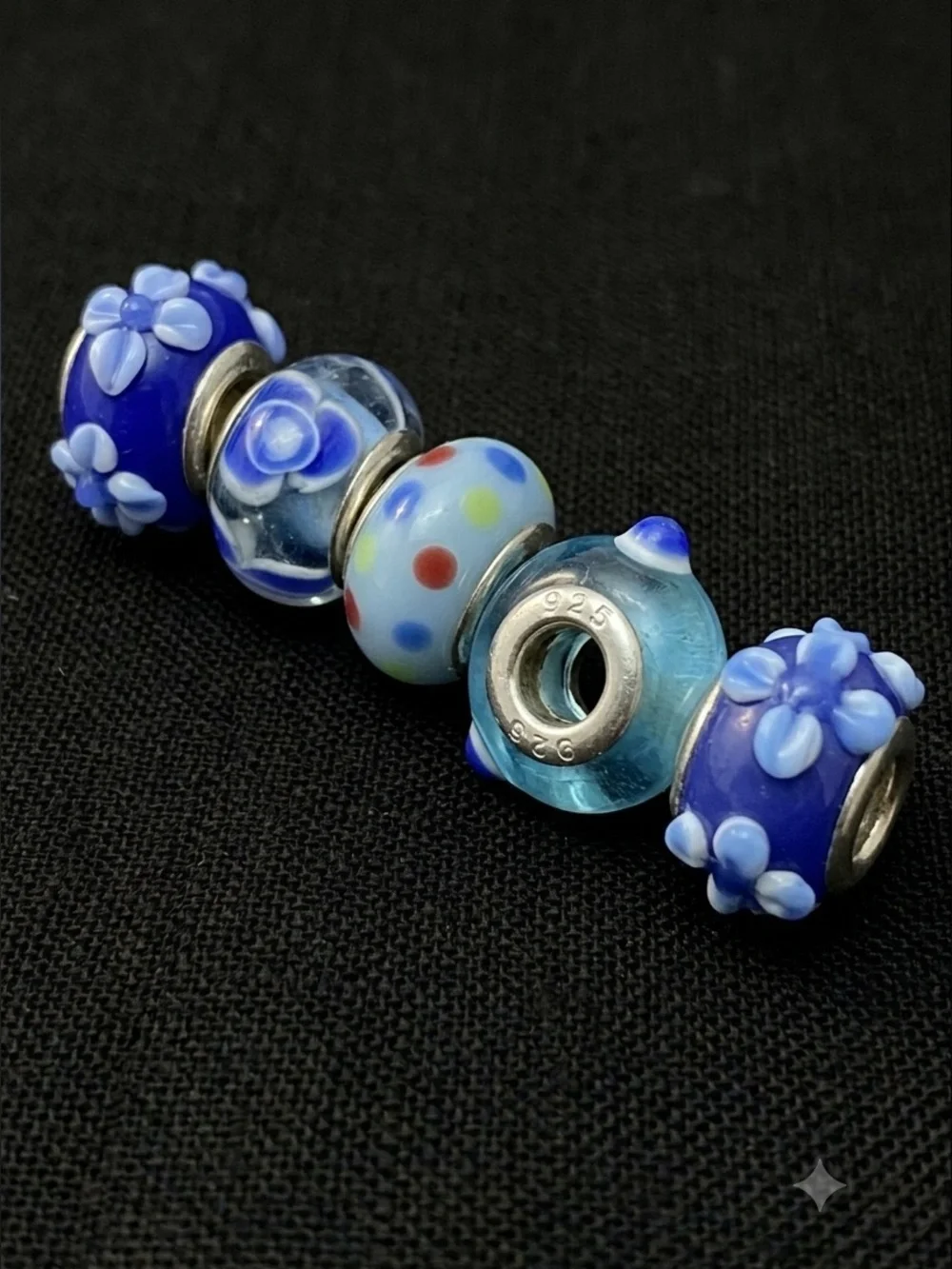 5 Blue Lampwork Glass European Charm Beads .925 Silver Core Floral Dot - Picture 1 of 2
